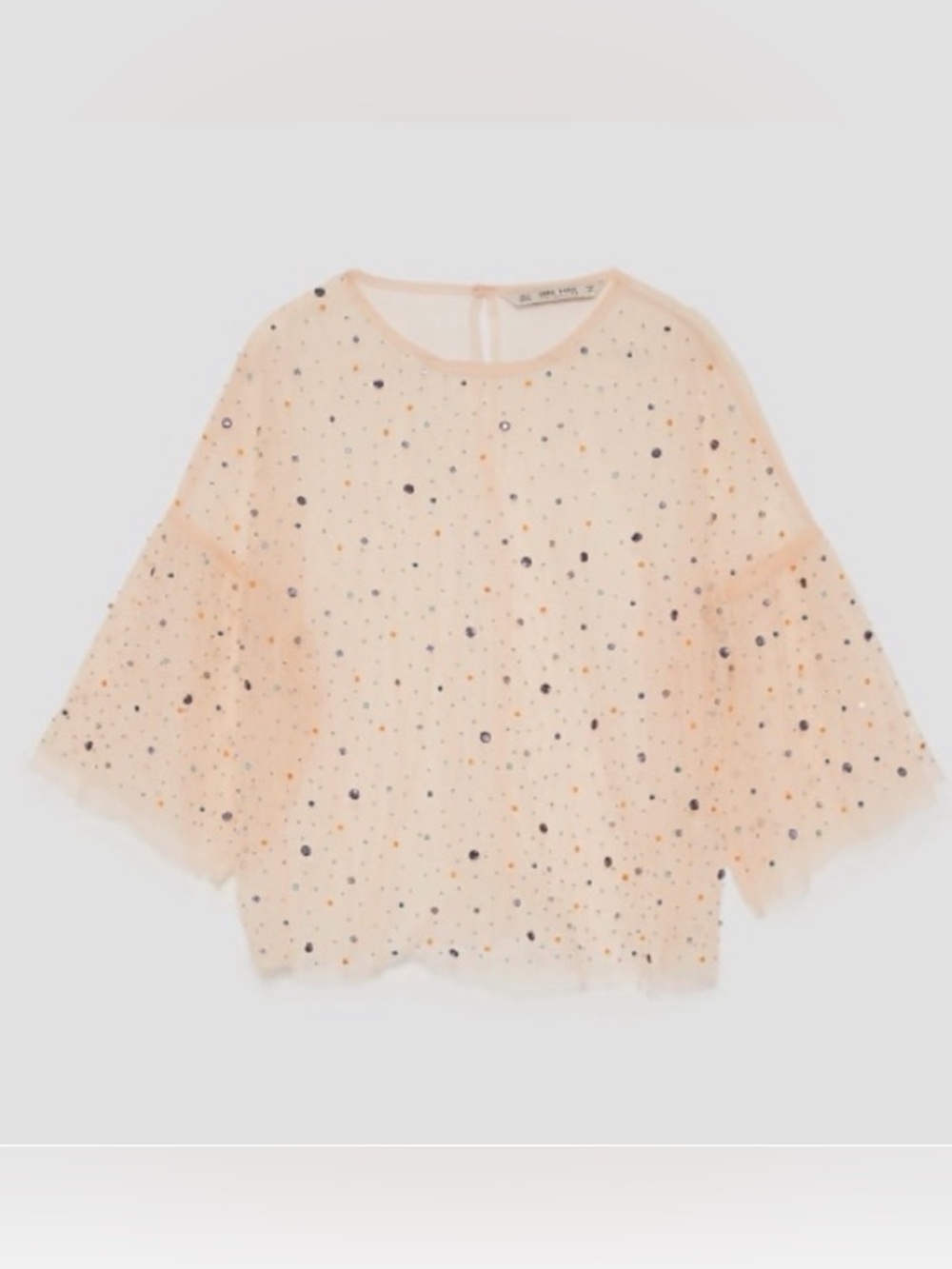 Zara Tulle Blouse featuring multi-colored jewel and bead appliqués. Size L